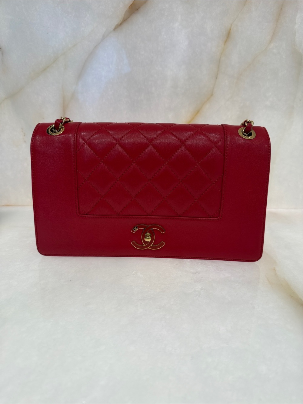 CHANEL Red Quilted Flap Shoulder Bag with Gold Hardware